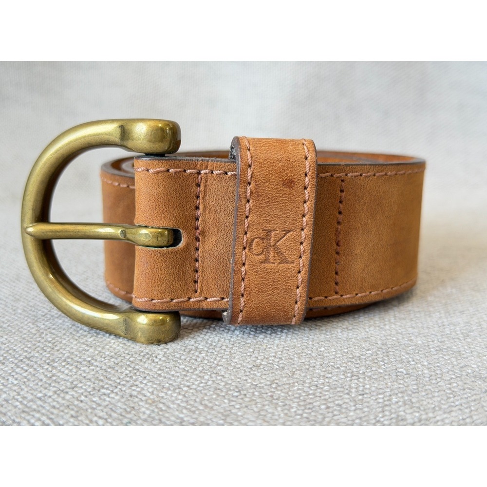 Vintage Calvin Klein Harness Leather Belt Medium Brown Solid Brass Buckle Y2K